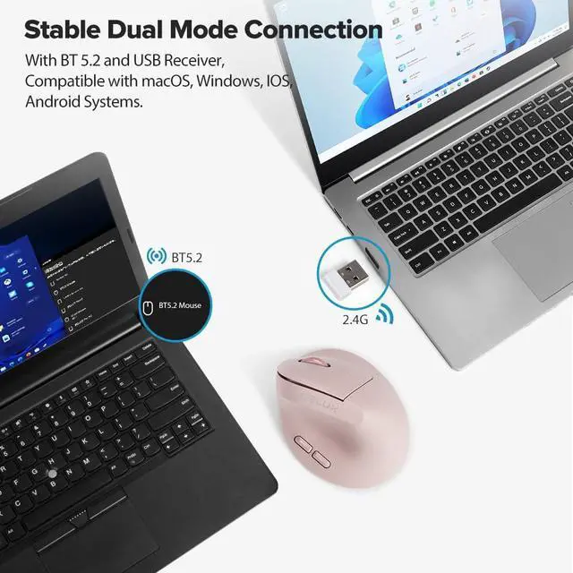 Alt view image 4 of 5 - DeLUX Ergonomic Mouse Wireless for Small Hands, Rechargeable Vertical Mouse, Lightweight, 4000DPI, 6 Buttons, 2.4G+BT5.2 Dual-Mode for Carpal Tunnel, for Window, macOS, Laptop (M618Air-Pink)