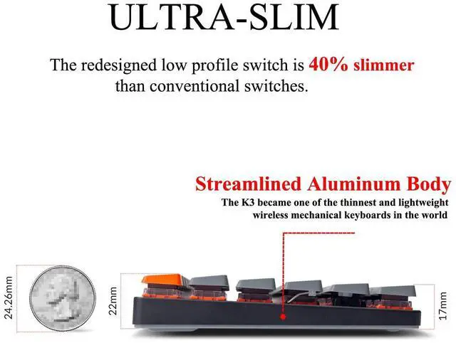 Alt view image 4 of 5 - Keychron K3 Version 2, 75% Layout 84 Keys Ultra-Slim Wireless Bluetooth/USB Wired Mechanical Keyboard with White Backlit, Hot-Swappable Low-Profile Keychron Optical Brown Switch for Mac Windows
