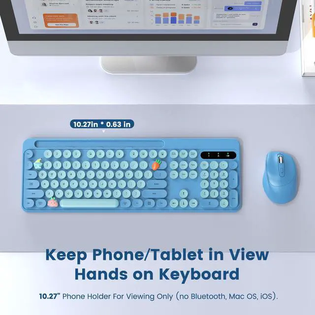 Alt view image 2 of 5 - Wireless Keyboard and Mouse Combo, Retro Round Keycaps, Full-Size Stylish Typewriter Keyboard with Phone/Tablet Holder, Ergonomic Mouse with 3-Level DPI, 2.4GHz Connection for Windows/PC (Sky Blue)