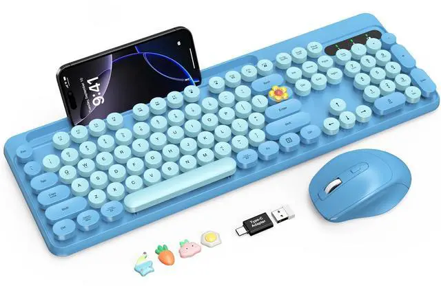 Main image of Wireless Keyboard and Mouse Combo, Retro Round Keycaps, Full-Size Stylish Typewriter Keyboard with Phone/Tablet Holder, Ergonomic Mouse with 3-Level DPI, 2.4GHz Connection for Windows/PC (Sky Blue)