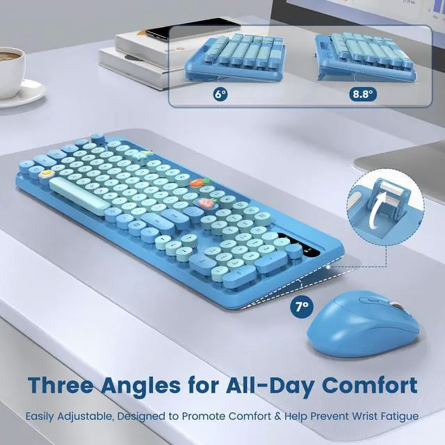Alt view image 3 of 5 - Wireless Keyboard and Mouse Combo, Retro Round Keycaps, Full-Size Stylish Typewriter Keyboard with Phone/Tablet Holder, Ergonomic Mouse with 3-Level DPI, 2.4GHz Connection for Windows/PC (Sky Blue)