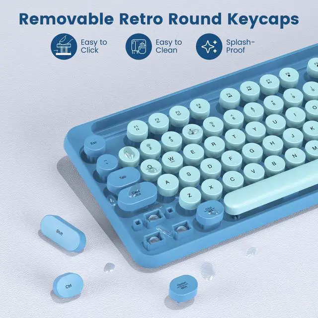 Alt view image 4 of 5 - Wireless Keyboard and Mouse Combo, Retro Round Keycaps, Full-Size Stylish Typewriter Keyboard with Phone/Tablet Holder, Ergonomic Mouse with 3-Level DPI, 2.4GHz Connection for Windows/PC (Sky Blue)