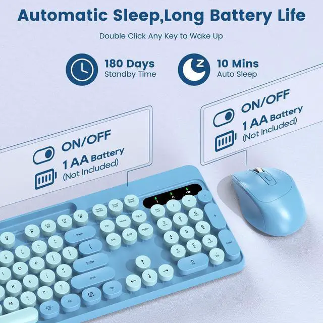 Alt view image 5 of 5 - Wireless Keyboard and Mouse Combo, Retro Round Keycaps, Full-Size Stylish Typewriter Keyboard with Phone/Tablet Holder, Ergonomic Mouse with 3-Level DPI, 2.4GHz Connection for Windows/PC (Sky Blue)