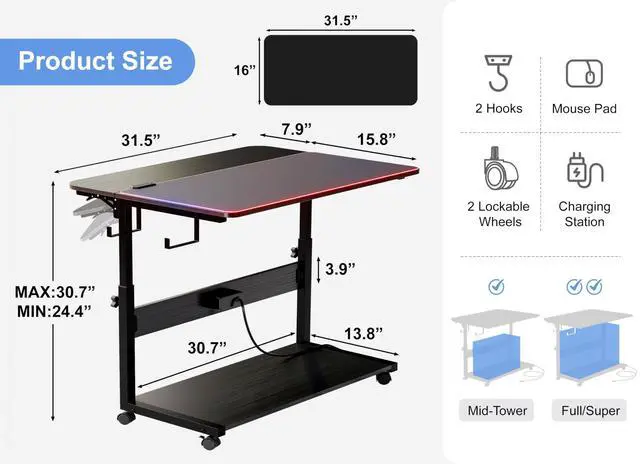 Alt view image 3 of 5 - ZIFTY Height Adjustable Computer Tower Stand, Large PC Stand CPU Holder Cart with Charging Station, Folding End Table for ATX Case Printer, Rolling Wheels Mouse Pad for Gaming, Home, Office