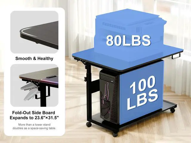 Alt view image 5 of 5 - ZIFTY Height Adjustable Computer Tower Stand, Large PC Stand CPU Holder Cart with Charging Station, Folding End Table for ATX Case Printer, Rolling Wheels Mouse Pad for Gaming, Home, Office