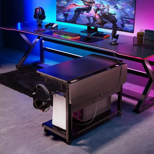 Alt view image 2 of 5 - ZIFTY Height Adjustable Computer Tower Stand, Large PC Stand CPU Holder Cart with Charging Station, Folding End Table for ATX Case Printer, Rolling Wheels Mouse Pad for Gaming, Home, Office