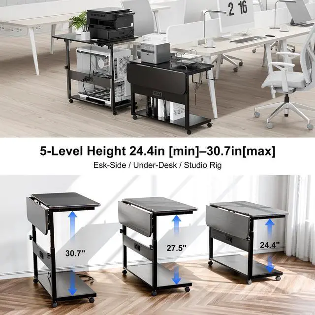 Alt view image 4 of 5 - ZIFTY Height Adjustable Computer Tower Stand, Large PC Stand CPU Holder Cart with Charging Station, Folding End Table for ATX Case Printer, Rolling Wheels Mouse Pad for Gaming, Home, Office