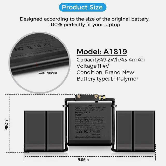 Alt view image 3 of 5 - LINGCI A1819 A1706 Battery Replacment for MacBook Pro 13 inch Late 2016 Mid 2017 Touch Bar Version A1706 EMC 3071 3163 MLH12LL/A MPXV2LL/A MLVP2LL/A MNQF2LL/A MNQG2LL/A (4314mAh 11.41V 49.2Wh)