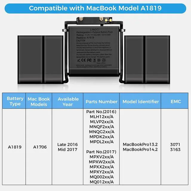 Alt view image 4 of 5 - LINGCI A1819 A1706 Battery Replacment for MacBook Pro 13 inch Late 2016 Mid 2017 Touch Bar Version A1706 EMC 3071 3163 MLH12LL/A MPXV2LL/A MLVP2LL/A MNQF2LL/A MNQG2LL/A (4314mAh 11.41V 49.2Wh)