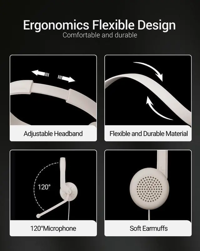 Alt view image 5 of 5 - FEABASK USB Headset with Microphone for PC - Wired Computer Headphones with Noise Cancelling Microphone for Home Office Online Class Skype Zoom Meetings