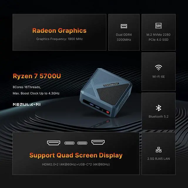 Alt view image 2 of 5 - origimagic N1 Lite Mini PC Ryzen 7 5700U, 32GB RAM 1TB NVMe SSD Mini Computers, Wi-Fi 6E(AX210)/BT 5.2/2.5G LAN/Full Function USB-C, Compact Office, Home, Business Mini Desktop PC