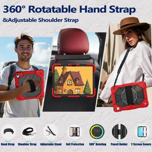 Alt view image 3 of 5 - Weuiean Case for iPad A16 11th/10th Generation 11"/10.9", Military-Grade Heavy-Duty Shockproof Cover with 360° Rotating Stand, Built-in Pencil Holder & Adjustable Hand/Shoulder Strap - Red+Black