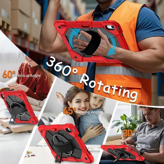Alt view image 5 of 5 - Weuiean Case for iPad A16 11th/10th Generation 11"/10.9", Military-Grade Heavy-Duty Shockproof Cover with 360° Rotating Stand, Built-in Pencil Holder & Adjustable Hand/Shoulder Strap - Red+Black