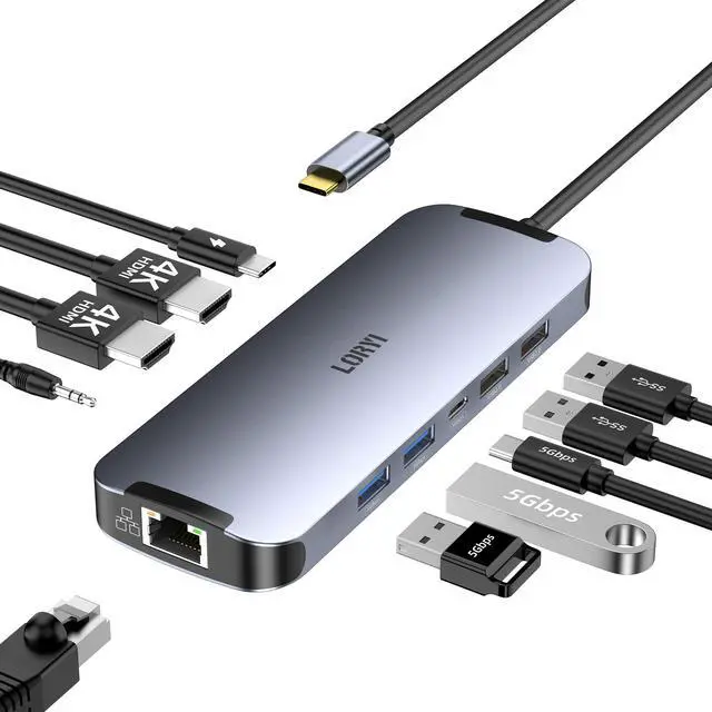 Main image of USB-C Hub (10-in-1) Dual 4K HDMI 100W PD Fast Charging HDMI Extension USB A3.0×2 USB C3.0×1 5Gbps Data Transfer USB2.0×2 3.5mm Audio 1000Gbps Ethernet Port USB C Docking Station with 2 HDMI Ports