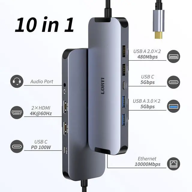 Alt view image 3 of 5 - USB-C Hub (10-in-1) Dual 4K HDMI 100W PD Fast Charging HDMI Extension USB A3.0×2 USB C3.0×1 5Gbps Data Transfer USB2.0×2 3.5mm Audio 1000Gbps Ethernet Port USB C Docking Station with 2 HDMI Ports