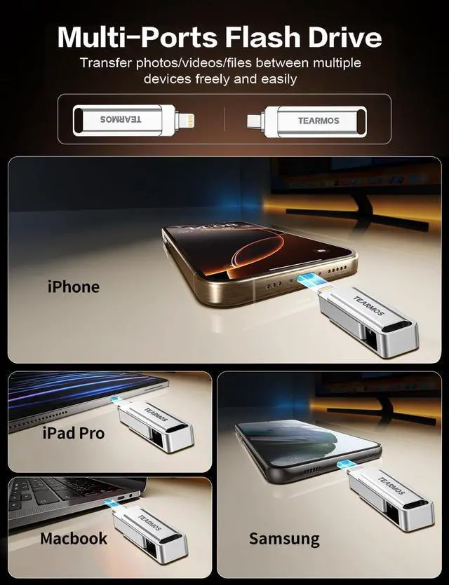 Alt view image 3 of 5 - TEARMOS 512GB Flash Drive Intended for iPhone iPad, Memory Stick Storage for Photos and Videos Backup, Compatible with iPhone iPad Android PC, Plug and Play, No Application Required (Metal Silver)