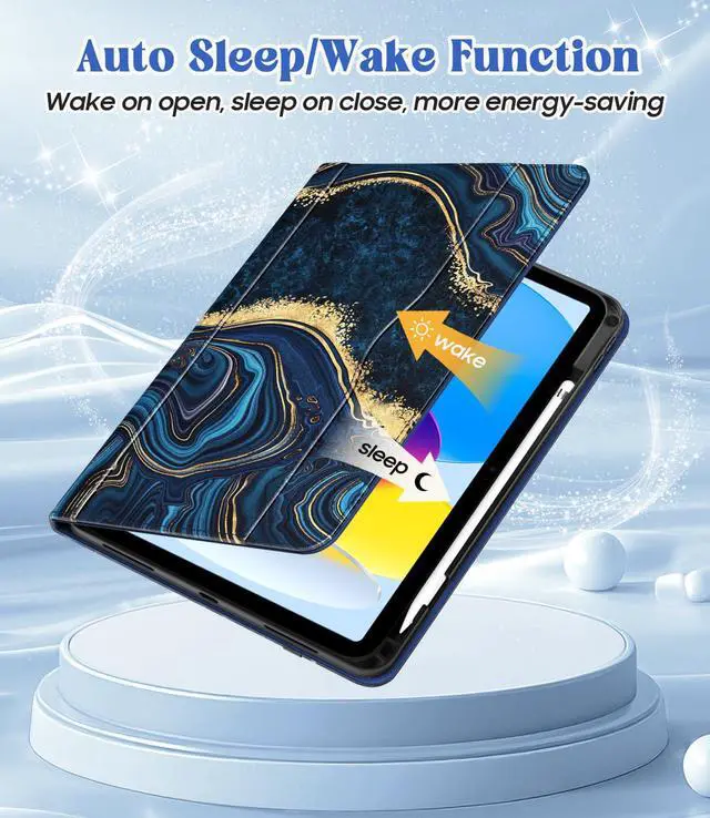 Alt view image 4 of 5 - Zonefoker for iPad 10th Generation Case 2022, iPad 10 th Gen 10.9'' Protective Cover with Pencil Holder, Multi-Angle Viewing Stand, Pocket Design, Folio Leather Cases for Boys Men, Marble Ocean Blue