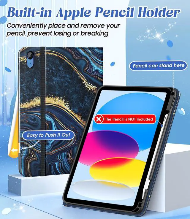 Alt view image 5 of 5 - Zonefoker for iPad 10th Generation Case 2022, iPad 10 th Gen 10.9'' Protective Cover with Pencil Holder, Multi-Angle Viewing Stand, Pocket Design, Folio Leather Cases for Boys Men, Marble Ocean Blue