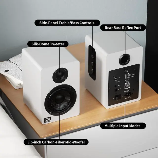 Alt view image 5 of 5 - IBALL·BOX Harmony H2 60W Desktop Speakers with DSP, Bluetooth 5.3, 24-Bit Optical, USB-C, AUX, Silk-Dome Tweeter, Carbon-Fiber Woofer, for Computer, PC Monitor, Gaming (White)