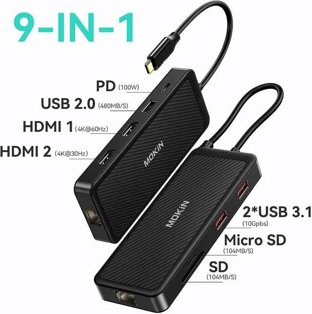 Alt view image 2 of 5 - MOKiN USB-C Hub, 9-in-1 USBC Dock, Dual 4K HDMI USB C to USB Adapter, 1 Gbps Ethernet Hub, 100W Power Delivery, SD Card Reader for MacBook Pro, XPS and More