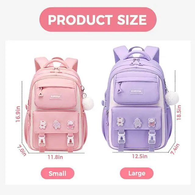 Alt view image 2 of 4 - MININAI Cute Backpack for Kids Teen Girls Large Kawaii Aesthetic Elementary Middle School Student Bookbag Preppy Laptop Backpack for Ages 6-8 8-10 10-12 with Pin Accessories Plush Pendant, Purple
