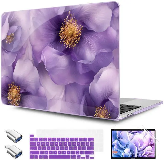 Main image of TWOLSKOO Compatible with MacBook Pro 13 inch Case 2023-2016 A2338 M2/M1 A2251 A2289 A2159 A1989 A1706, Plastic Hard Shell Cover & Keyboard Skin & Screen Protector, Purple Flowers