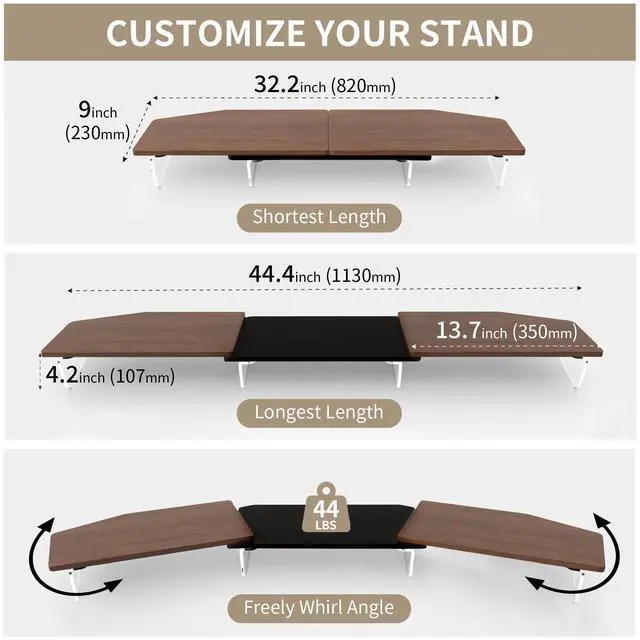 Alt view image 2 of 5 - AFOOYO LED Dual Monitor Stand Riser for 2 Monitors,Office Desktop Wooden Stand Adjustable Length and Angle 3 Shelf,Extra Long Multifunctional Stand up to 44.4" for Computer,Laptop,TV,Walnut Finish