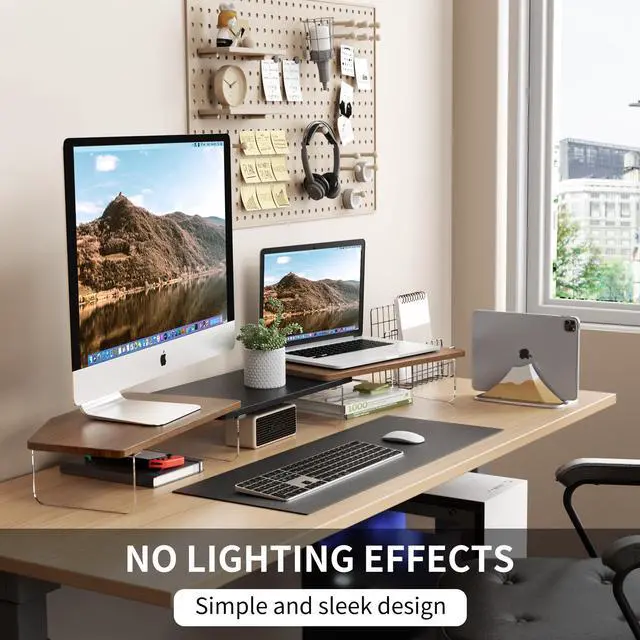 Alt view image 3 of 5 - AFOOYO LED Dual Monitor Stand Riser for 2 Monitors,Office Desktop Wooden Stand Adjustable Length and Angle 3 Shelf,Extra Long Multifunctional Stand up to 44.4" for Computer,Laptop,TV,Walnut Finish