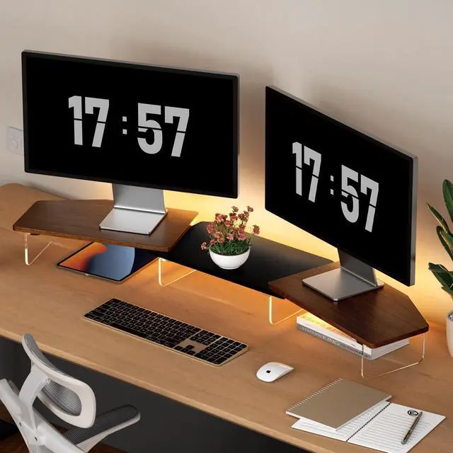 Main image of AFOOYO LED Dual Monitor Stand Riser for 2 Monitors,Office Desktop Wooden Stand Adjustable Length and Angle 3 Shelf,Extra Long Multifunctional Stand up to 44.4" for Computer,Laptop,TV,Walnut Finish