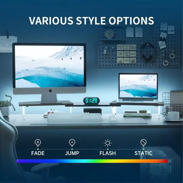 Alt view image 4 of 5 - AFOOYO LED Dual Monitor Stand Riser for 2 Monitors,Office Desktop Wooden Stand Adjustable Length and Angle 3 Shelf,Extra Long Multifunctional Stand up to 44.4" for Computer,Laptop,TV,Walnut Finish