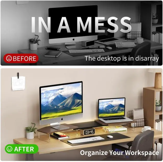 Alt view image 5 of 5 - AFOOYO LED Dual Monitor Stand Riser for 2 Monitors,Office Desktop Wooden Stand Adjustable Length and Angle 3 Shelf,Extra Long Multifunctional Stand up to 44.4" for Computer,Laptop,TV,Walnut Finish