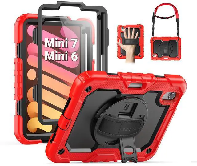 Main image of SEYMAC Kids Case for iPad mini 7 (A17 Pro) 2024/ Mini 6 8.3, Full-Body Shockproof Protective Case with Screen Protector, Rotating Stand, Hand/Shoulder Strap for iPad mini 7th/ 6th Generation, Red