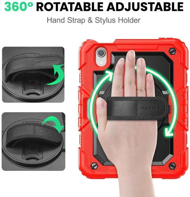 Alt view image 3 of 5 - SEYMAC Kids Case for iPad mini 7 (A17 Pro) 2024/ Mini 6 8.3, Full-Body Shockproof Protective Case with Screen Protector, Rotating Stand, Hand/Shoulder Strap for iPad mini 7th/ 6th Generation, Red