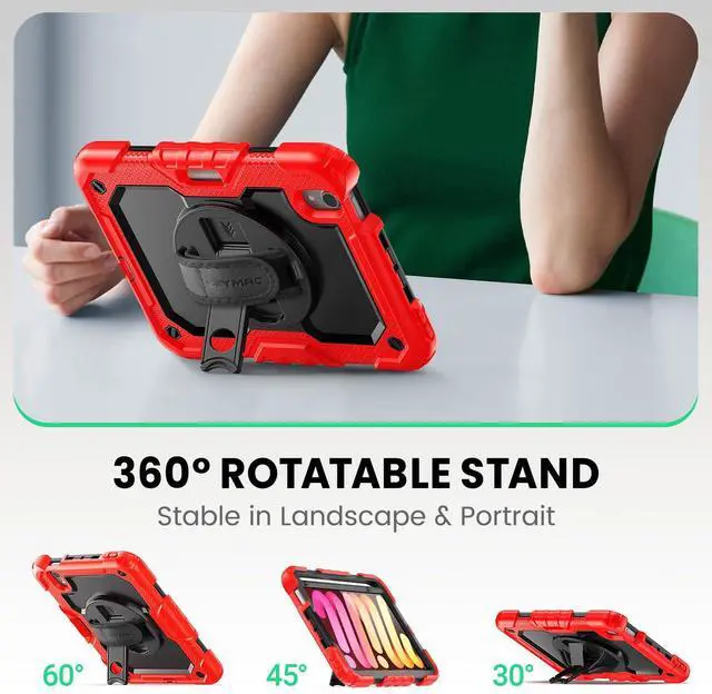 Alt view image 4 of 5 - SEYMAC Kids Case for iPad mini 7 (A17 Pro) 2024/ Mini 6 8.3, Full-Body Shockproof Protective Case with Screen Protector, Rotating Stand, Hand/Shoulder Strap for iPad mini 7th/ 6th Generation, Red