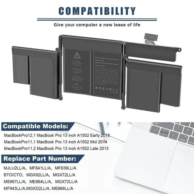 Alt view image 3 of 5 - ASUNCELL A1502 A1582 Laptop Battery for MacBook Pro 13 inch Retina [ Early 2015, Mid 2014, Late 2013] A1493 11.42V 74.9Wh