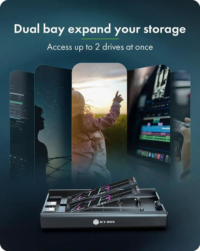 Alt view image 2 of 5 - Dual M.2 NVMe SSD Enclosure, ICY BOX 20Gbps NVMe Enclosure, USB C to M2 Adapter for M Key PCIe 2230/2242/2260/2280 M.2 SSDs, Dual Bay Tool-Free Installation Aluminum SSDs Reader