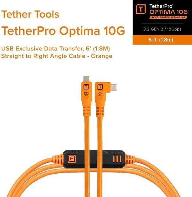 Alt view image 2 of 5 - Tether Tools TetherPro Optima 10G USB-C Exclusive Data Transfer, 6 (1.8m) Straight to Right Angle Cable - Orange