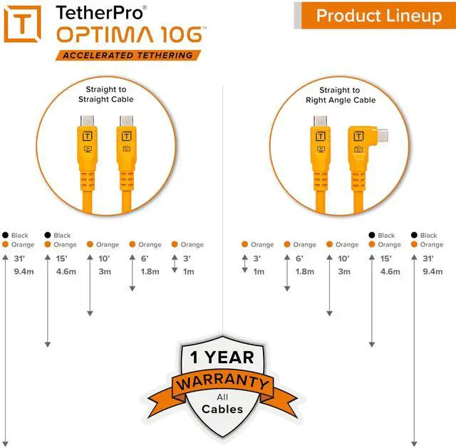 Alt view image 5 of 5 - Tether Tools TetherPro Optima 10G USB-C Exclusive Data Transfer, 6 (1.8m) Straight to Right Angle Cable - Orange