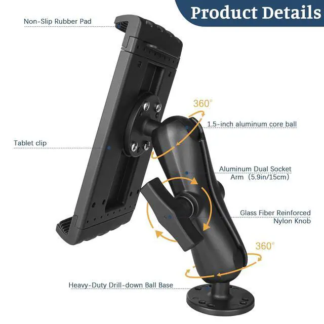 Alt view image 2 of 5 - Velpaw Heavy Duty Tablet Mount,1.5" Ball Aluminum Drill Base Tablet Holder, Compatible with 7.5''-13'' Tablets/iPad, Industrial iPad Holder for Wall, Truck, Warehouse,Dashboard,Boat