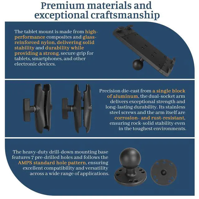 Alt view image 4 of 5 - Velpaw Heavy Duty Tablet Mount,1.5" Ball Aluminum Drill Base Tablet Holder, Compatible with 7.5''-13'' Tablets/iPad, Industrial iPad Holder for Wall, Truck, Warehouse,Dashboard,Boat