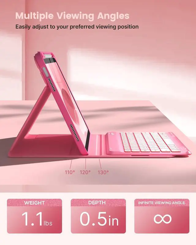 Alt view image 5 of 5 - typecase Folio Keyboard Case for iPad 10th Gen 10.9 inch (2022) and iPad 11th (A16, 2025), Magnetic Wireless Detachable Keyboard, 7-Color Backlight, Thin & Light, Pencil Holder  Rose Red Glitter