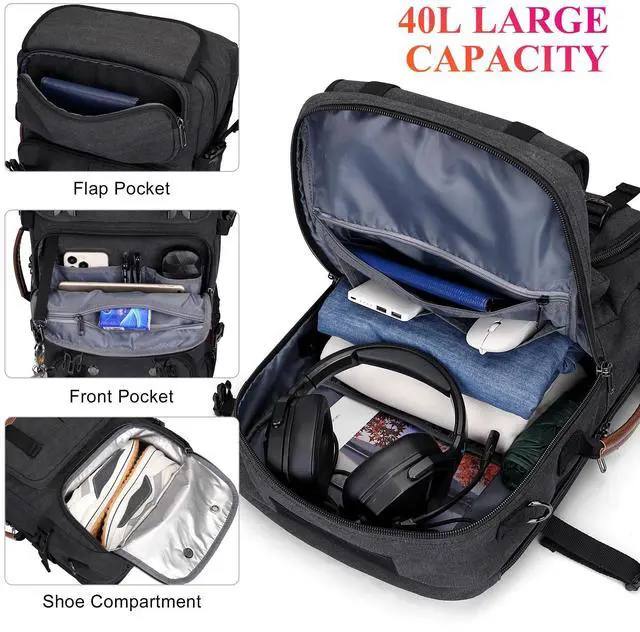 Alt view image 3 of 5 - WITZMAN Travel Backpack for Men 40L Large Carry-on Airline Approved Convertible 3 in 1 laptop Bags Fit 17 inch(A8013 Black)