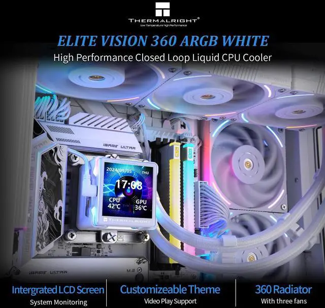 Alt view image 3 of 5 - Thermalrlght Elite Vision 360 ARGB White CPU Water Cooler,Triple PWM Fans Water Cooling System with 2150PRM,for AM4/AM5&Intel LGA1851/1700, Magnetic Detachable LCD Screen with 320 * 320 Resolution