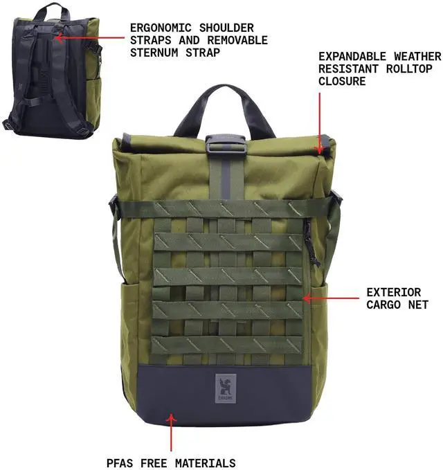 Alt view image 3 of 5 - Chrome Industries Barrage 18L Moss X Roll-Top Backpack  Water Resistant Bag for Work, School, Travel  Features Cargo Net & Laptop Pocket