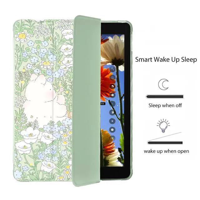 Alt view image 3 of 5 - Cute Kawaii Flower for iPad Air 11 Inch Case 7th/6th Generation (M3/M2) 2025/2024 with Pencil Holder, Auto Sleep/Wake, Green Leather Soft TPU Back Cover
