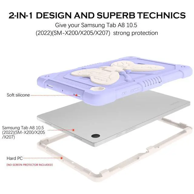 Alt view image 3 of 5 - YINLAI for Samsung Galaxy Tab A8 Case,Tab A8 10.5 Case Silicone Butterfly Kickstand Kids Girls Women Shockproof Protective Tablet Cover for Galaxy Tab A8 10.5 Inch 2022 [SM-X200/X205/X207], Purple