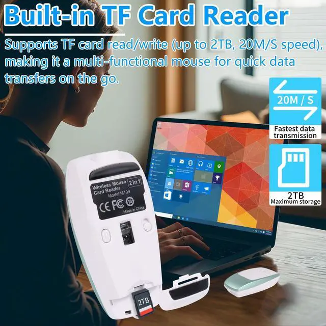 Alt view image 2 of 5 - Wireless Bluetooth Mouse with Card Reader (Up to 2TB) Mini Portable Lightweight Silent Rechargeable Optical Cordless Mice for PC Laptop Tablet Smartphone Android Windows Girl Boy Gift Green