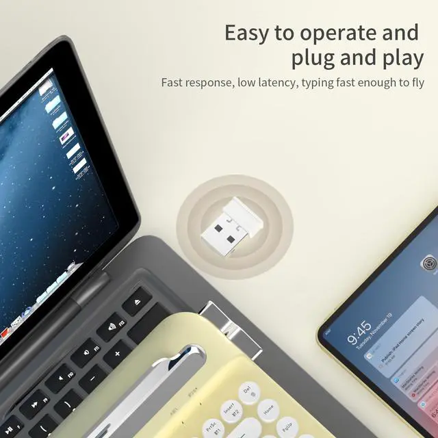 Alt view image 4 of 5 - Ajazz AF84 Wireless Membrane Silent Typewriter Keyboard, Bluetooth/2.4G Dual-Mode Connection, Cute Retro Aesthetic Design with Integrated Stand for Tablet, Phone, PC and Win/Mac/Android Yellow