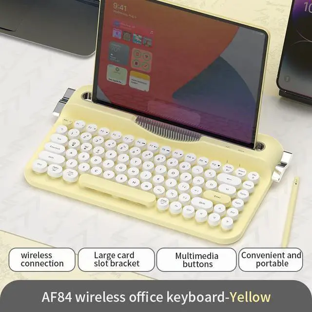 Alt view image 3 of 5 - Ajazz AF84 Wireless Membrane Silent Typewriter Keyboard, Bluetooth/2.4G Dual-Mode Connection, Cute Retro Aesthetic Design with Integrated Stand for Tablet, Phone, PC and Win/Mac/Android Yellow