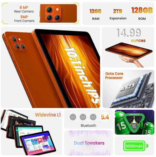 Alt view image 2 of 5 - 10.1 inch Tablet, Android 15 Tablet, 12GB RAM 128GB Storage, Expandable up to 2TB, with Foldable Stand Case, Octa-Core Processor, IPS HD Display, Wi-Fi 6 & Bluetooth 5.4, Widevine L1, 6000mAh Battery